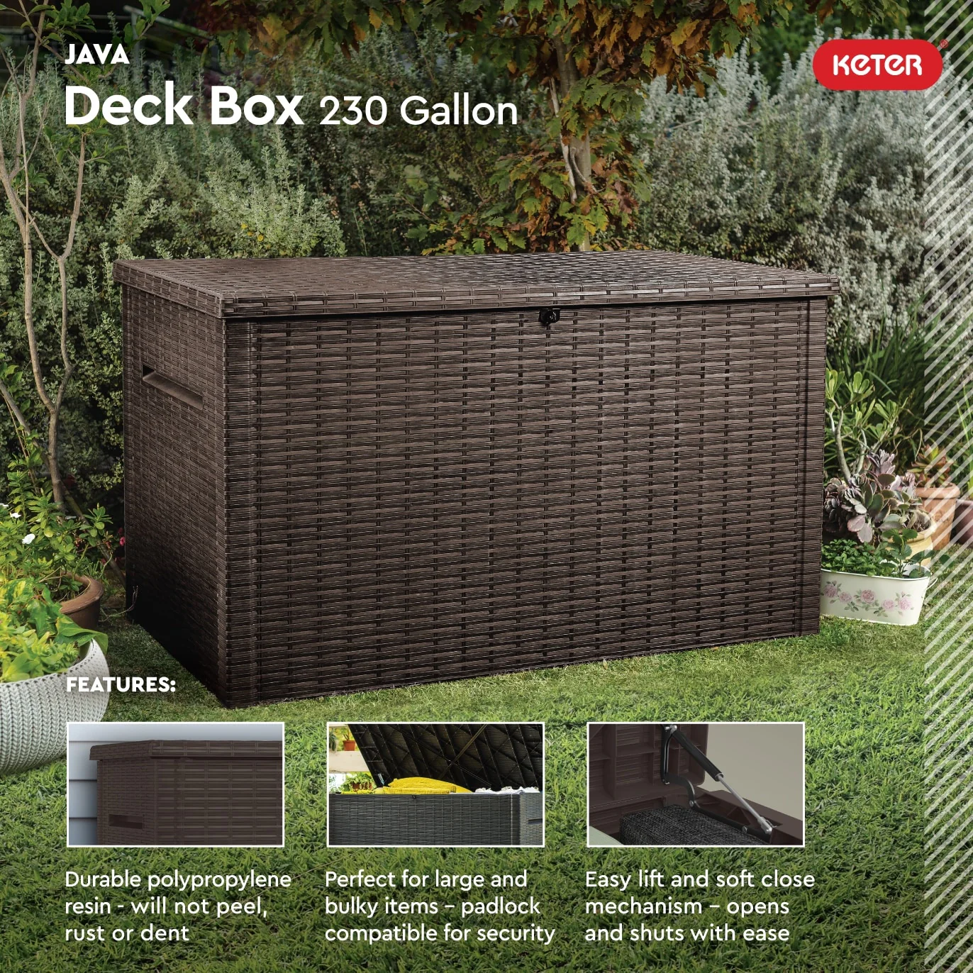 Keter Java 230 Gallon XL Durable Resin Outdoor Storage Deck Box For Furniture and Supplies