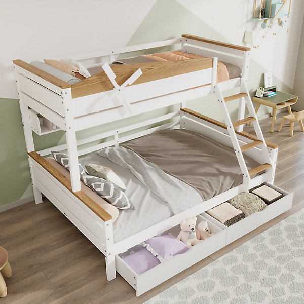 Lit superposé 90x200 et 140x200 cm enfant, 2 tiroirs, étagères et échelle inclinée, bois pin et MDF, blanc et naturel sans matelas