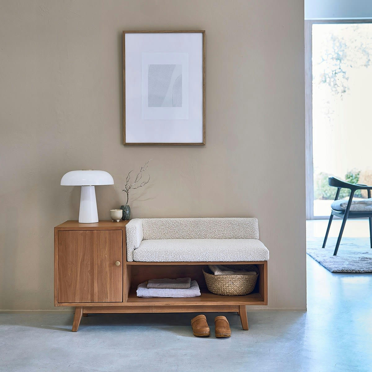 SERENE - Banc d'entrée en teck massif et tissu bouclette 1 porte 120 cm