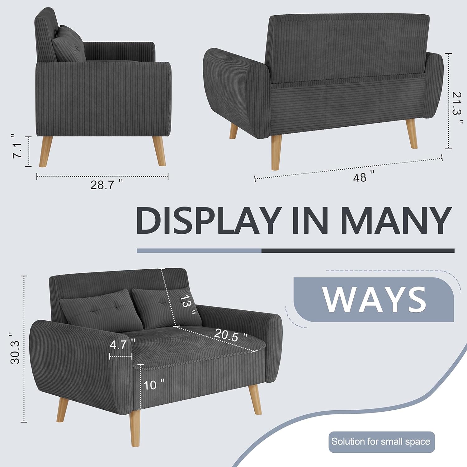 Shintenchi Small Modern Loveseat Couch Sofa, Mid Century Fabric Upholstered 2-Seat Sofa Couch Love Seats Furniture for Small Space, Dark Grey