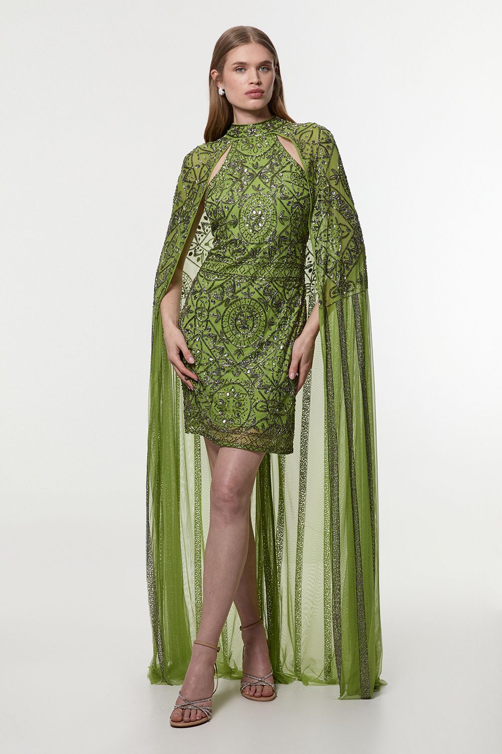 KarenMillen Petite Premium Beading And Embellished Cape Detail Woven Mini Dress