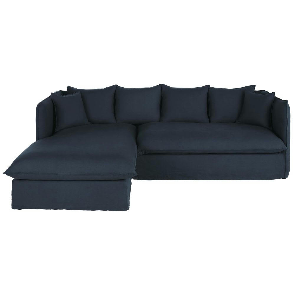 Louvain - Canapé d'angle gauche convertible 3/4 places en lin froissé bleu nuit, matelas 10 cm