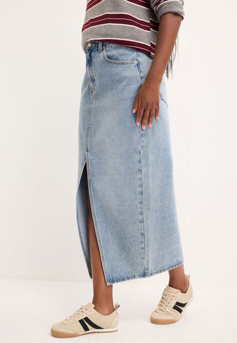 Womens Light Blue Wash Denim Midi Skirt