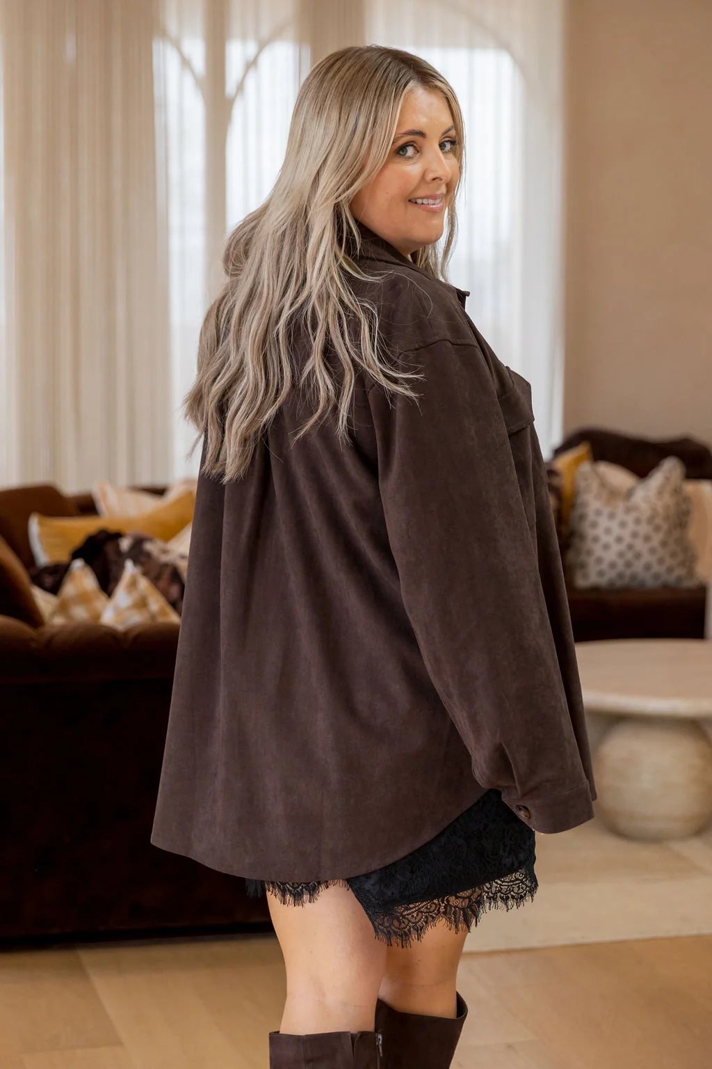 Elsia Shacket in Choc Faux Suede