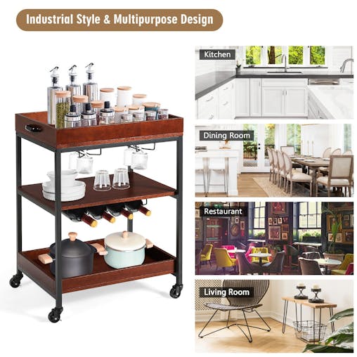 NNECW 3-Tier Kitchen Island Cart with Wine Rack & Glass Holders & Handle