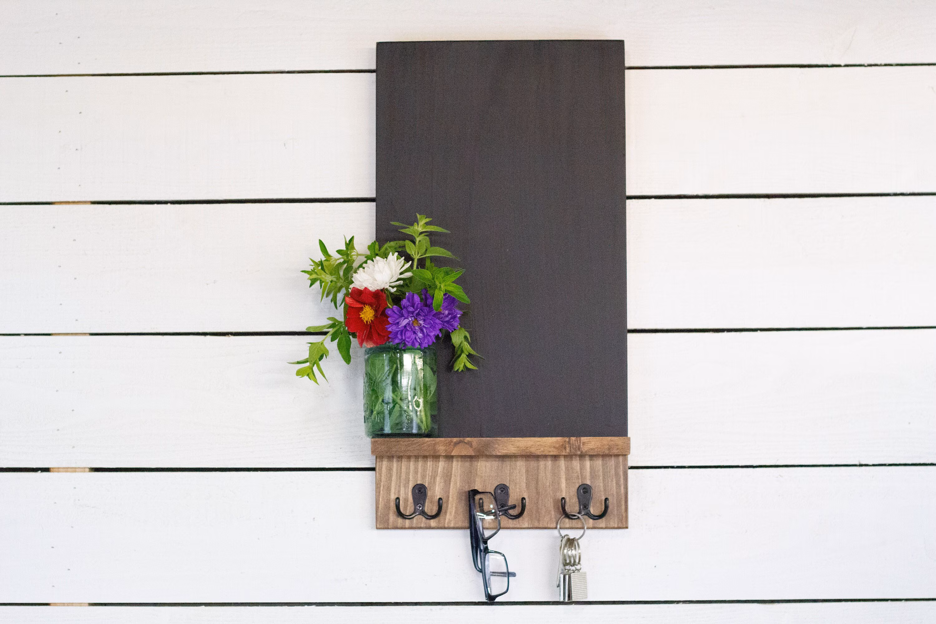 Hanging Chalkboard Shelf with Key Hook, Entryway Organizer
