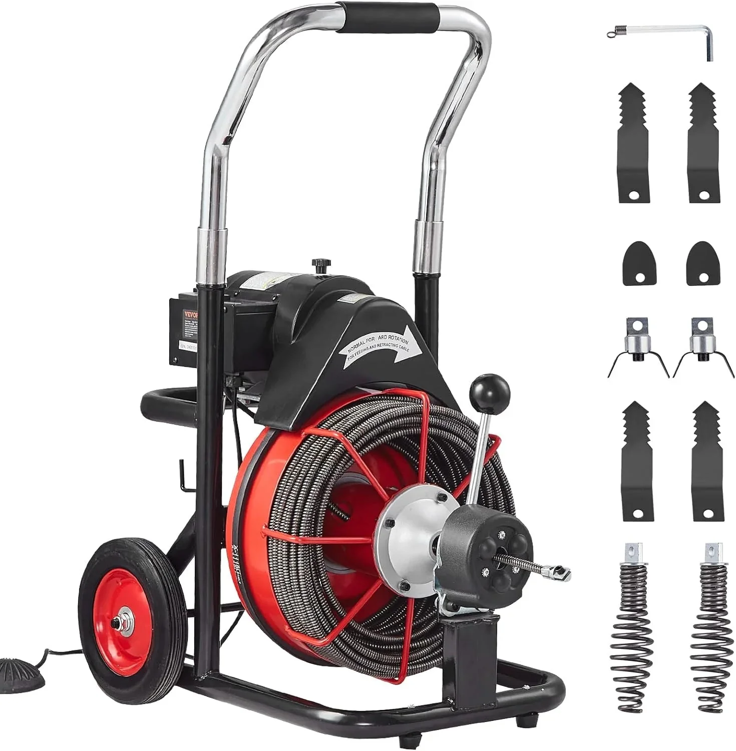 Drain Cleaner Machine 100FT x 1/2 Inch, Auto Feed Sewer Snake Auger on Wheels, 550W Portable Drain Cleaning Machine with 8 Cutters & Air-activated Foot Switch for 2 to 4 Pipes