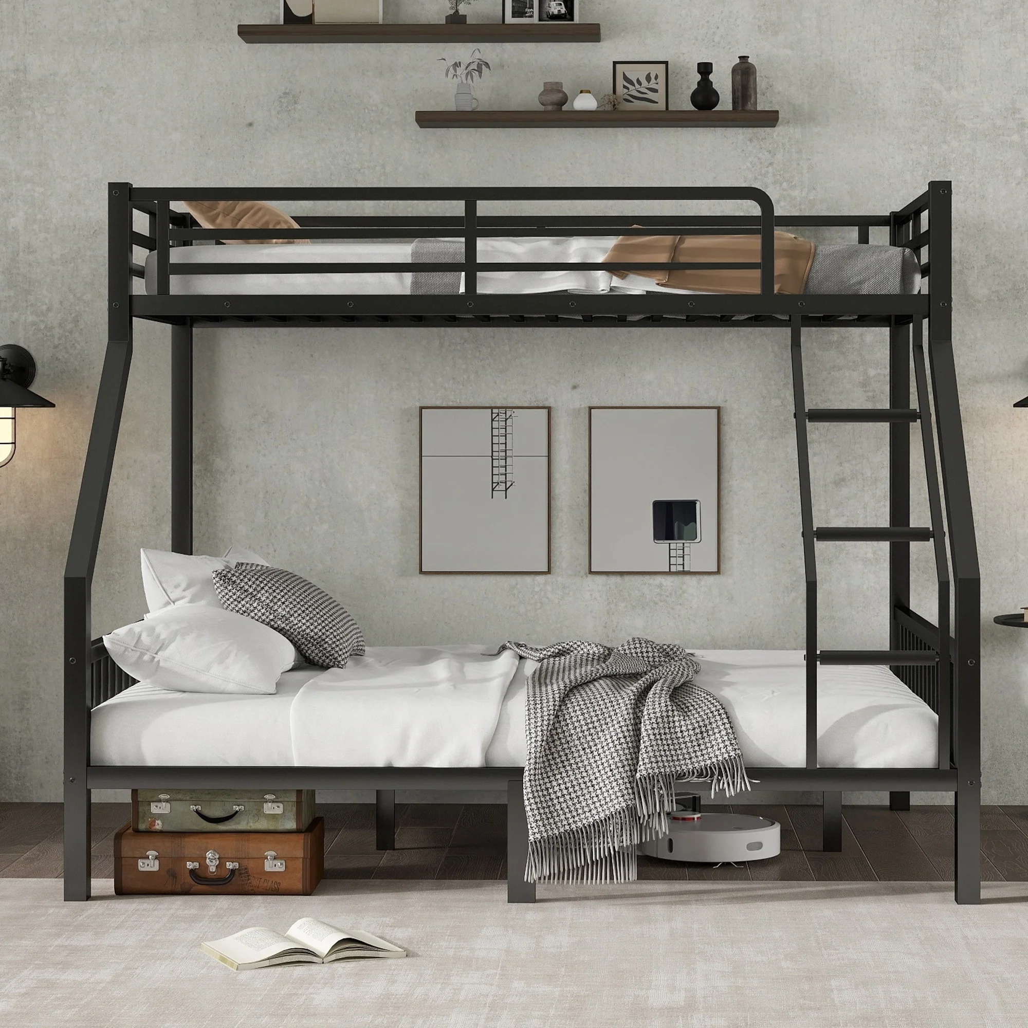 Twin XL Over Queen Metal Bunk Bed with Ladder and Slats Support for Adults Teens, Black