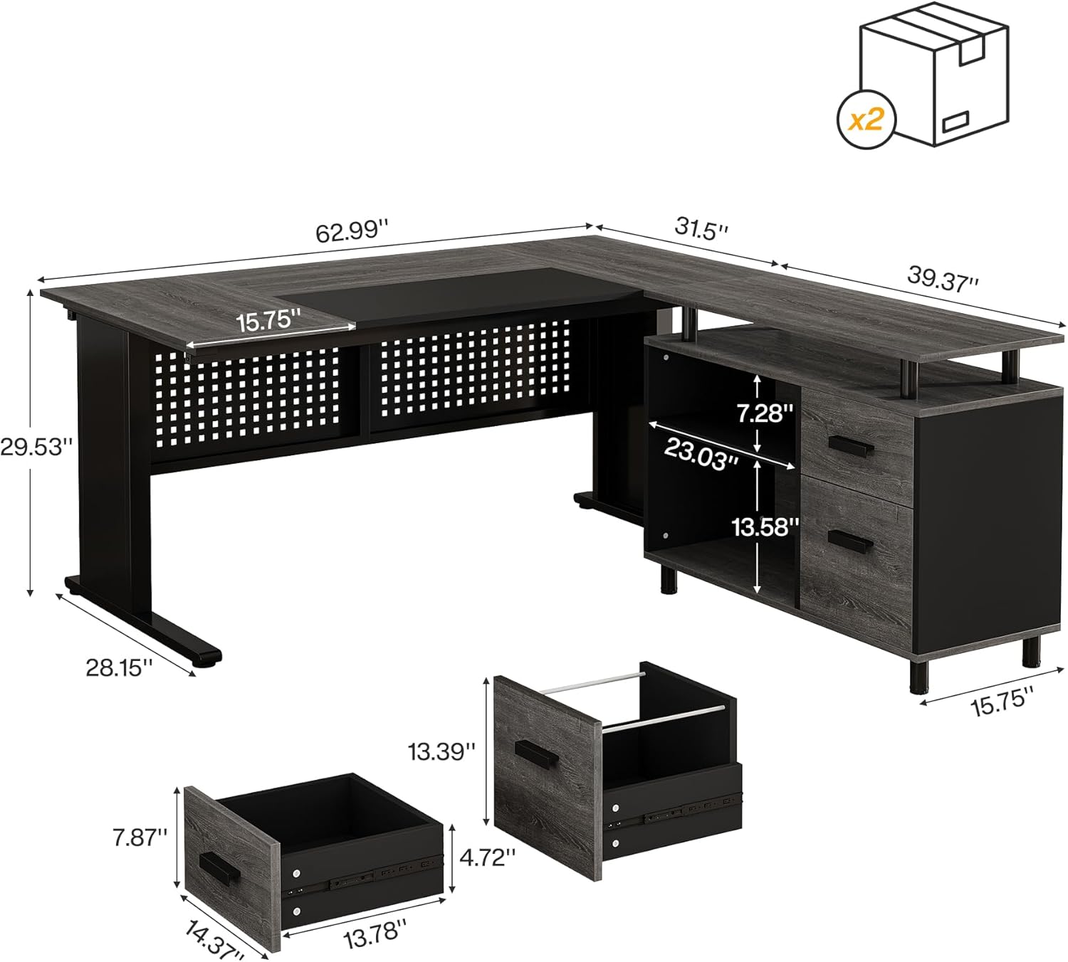 Tribesigns 63-Inch L-Shaped Executive Desk with Storage Shelves, Large Office Computer Desk with Drawers and File Cabinet, Industrial Business Workstation for Home Office, Gray and Black