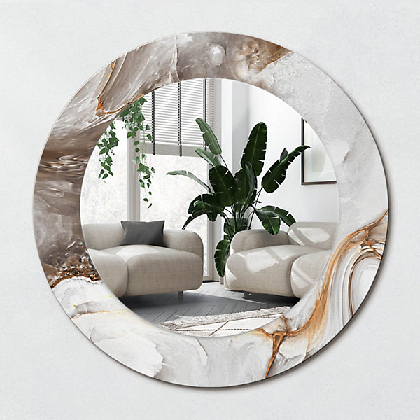Miroir Rond Décoratif Cadre Imprimé Wallfluent fi50 cm Marbre Clair Tendance Intemporelle Chambre Salon