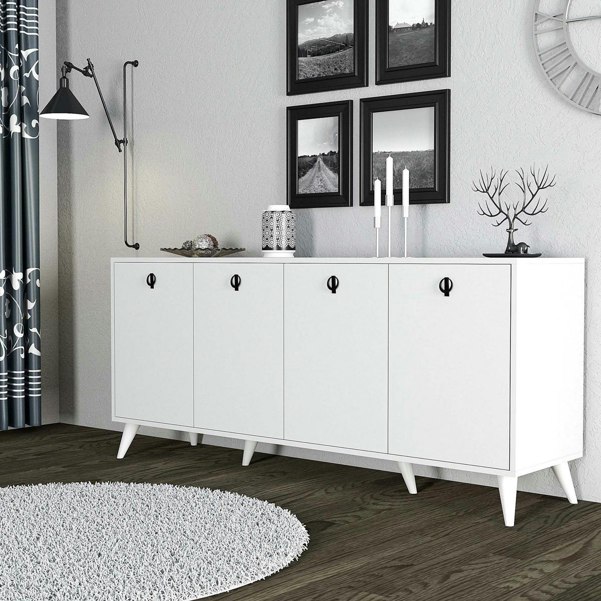 Buffet blanc moderne 4 portes, poignées à anneaux UMEA