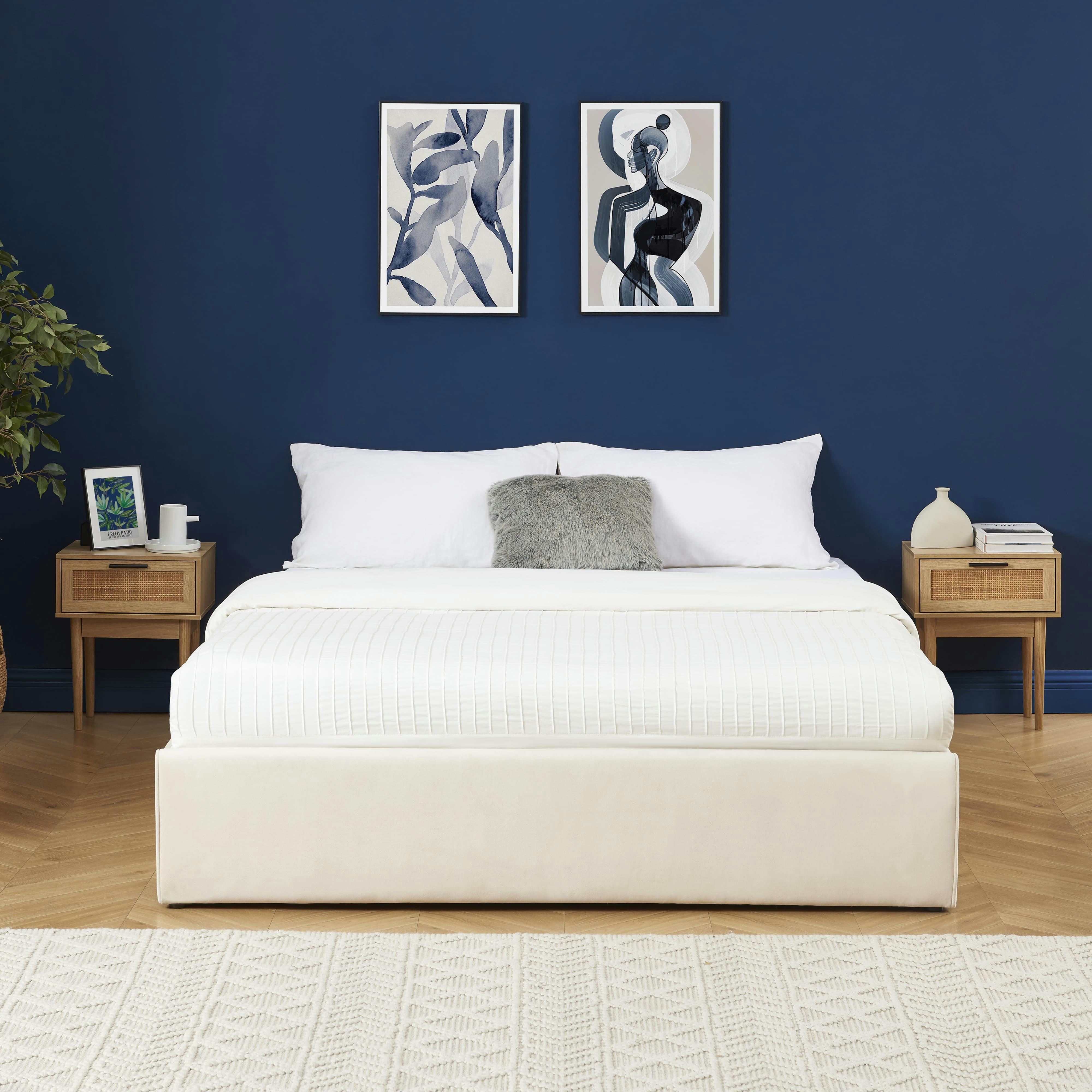 SAKURA - Lit coffre  velours beige crème 140x190 sommier inclus