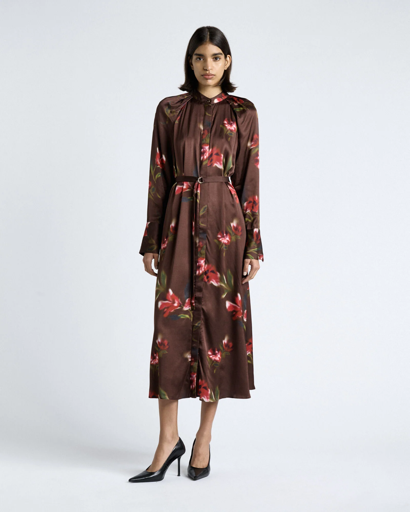 BLURRED FLORAL SATIN BELTED MIDI DRESS