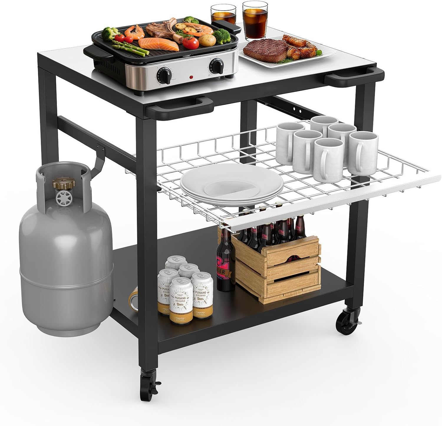 NUUK Grill Cart 30x24 Pizza Oven Table for Outdoor 3-Shelf with Stainless Steel Top and Sliding Drawer BBQ Grilling Carts Outside Serving Prep Tables Indoor Stand