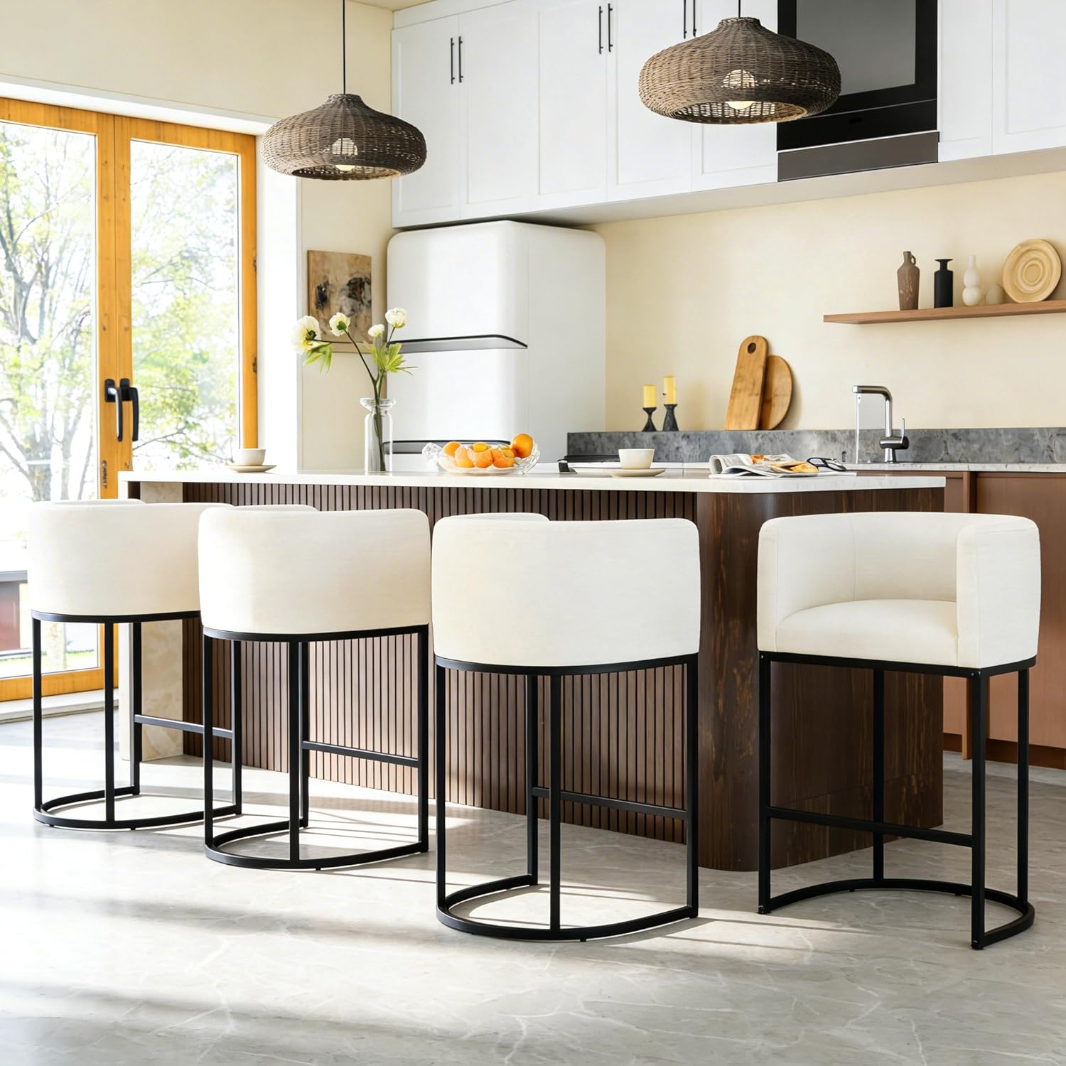 26 H Counter Height Bar Stools Set of 4, Modern Barrel Counter Stools with Backrest and Arms, Linen Fabric Upholstered Accent Barstools for Kitchen Island,Support 450 LBS (White)