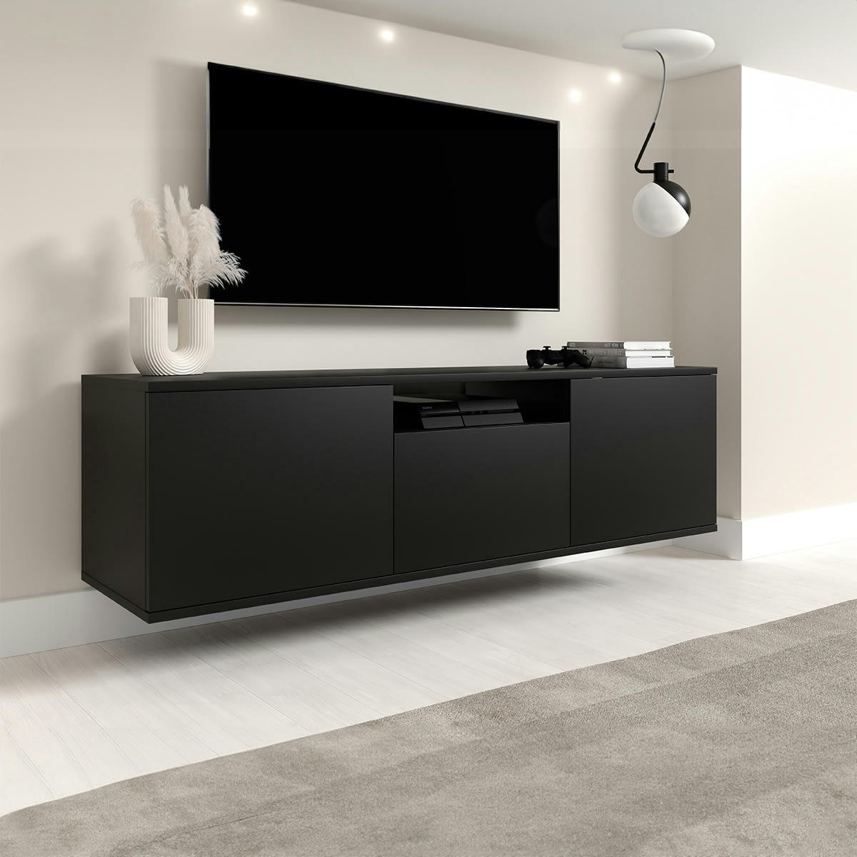 - Meuble TV mural 3 portes 150 cm stratifiés noir