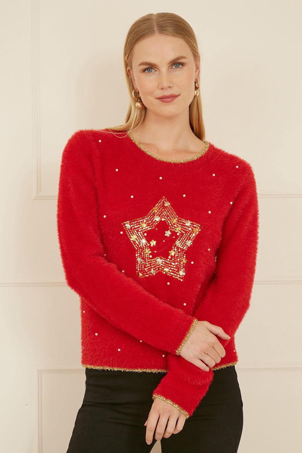 Yumi Red Fluffy Star Christmas Jumper