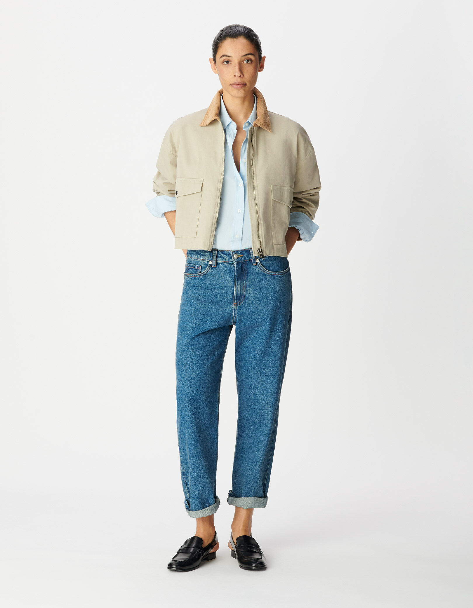 Blouson court oversize beige détails velours Femme