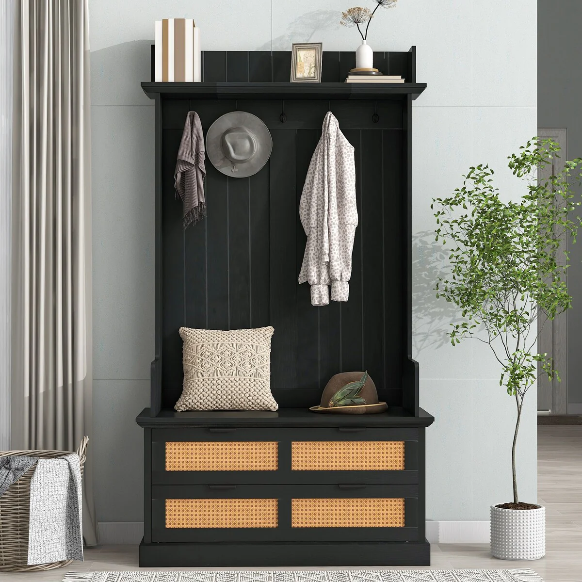 Hall Tree with 5 Metal Hooks and 2 Rattan Element Drawers