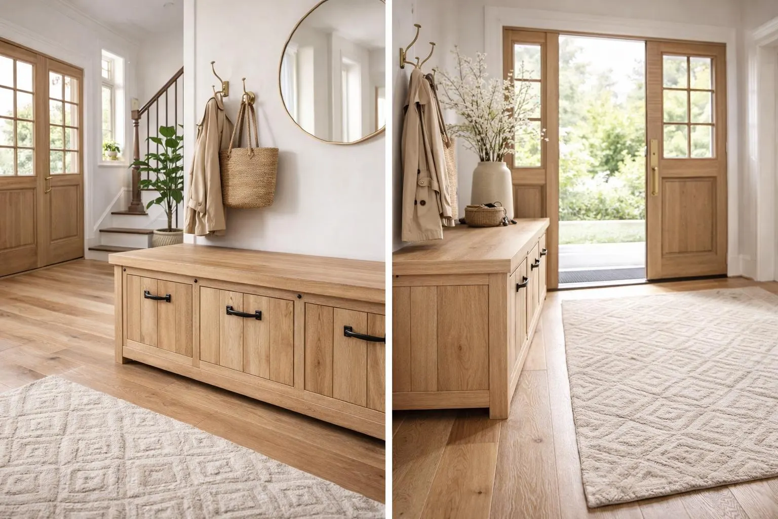 Solid White Oak Entryway Storage Bench with Drawers – Modern Farmhouse Console Cabinet with Hidden Storage