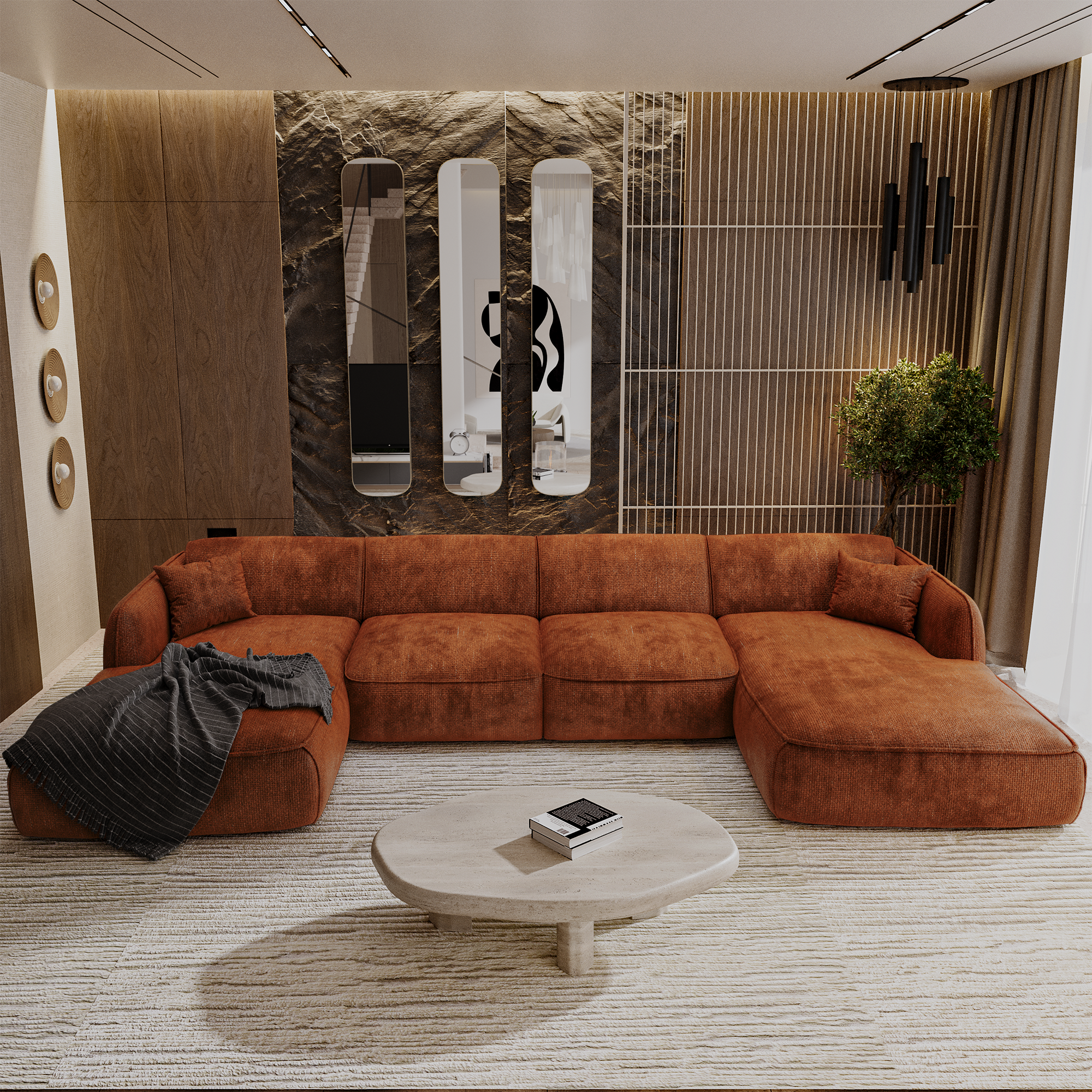 Panoramische banken LIVIA 7 personen Fluweel weefsel Terracotta