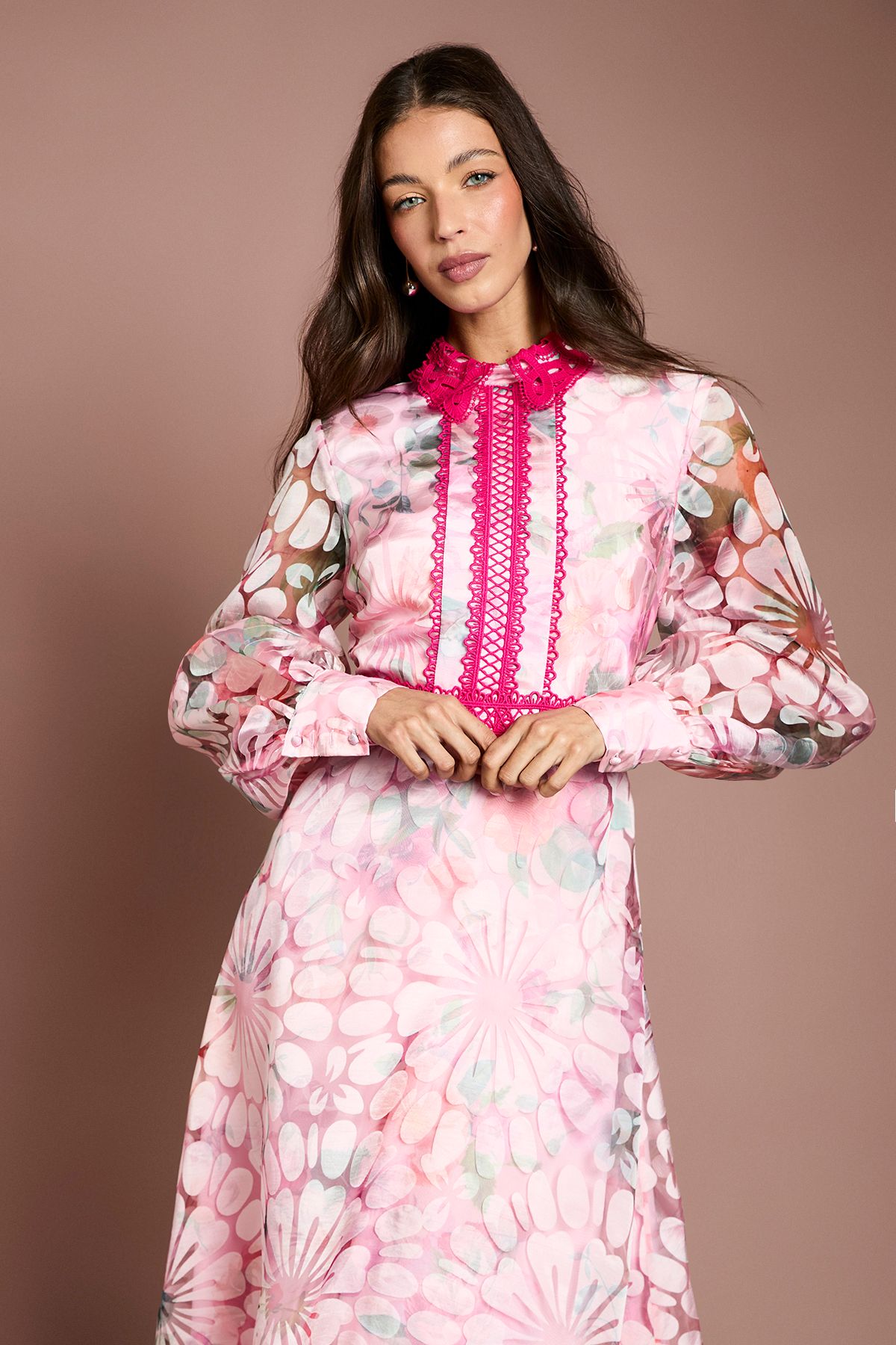 Coast Printed Organza Contrast Collar Lace Trim Midi Dress