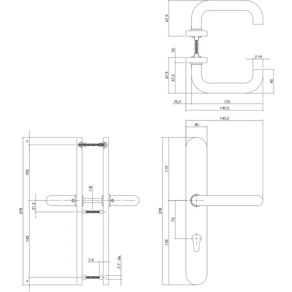 Türdrücker, 278x40x10 mm PZ 72 mm
