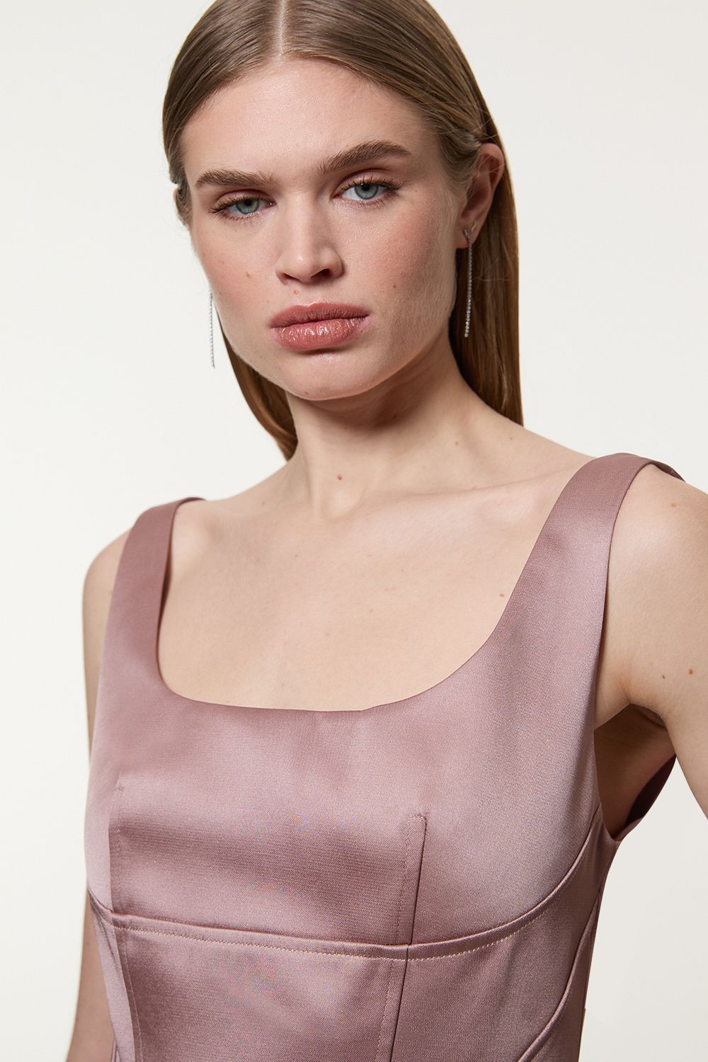 KarenMillen Viscose Satin Structured Tailored Seam Detail Mini Dress