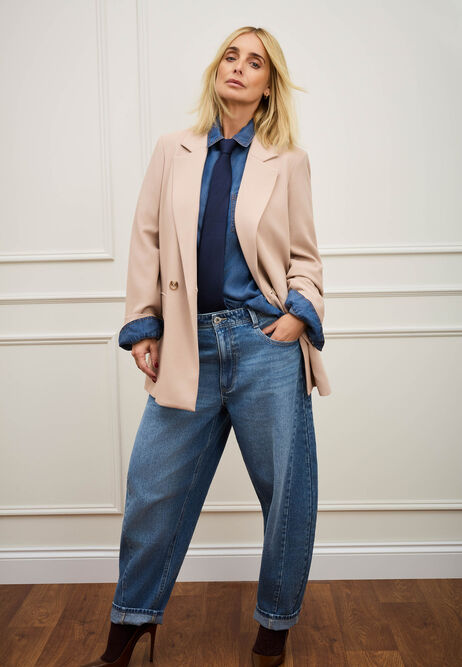 Womens Mid Blue Cotton Barrel Leg Jeans