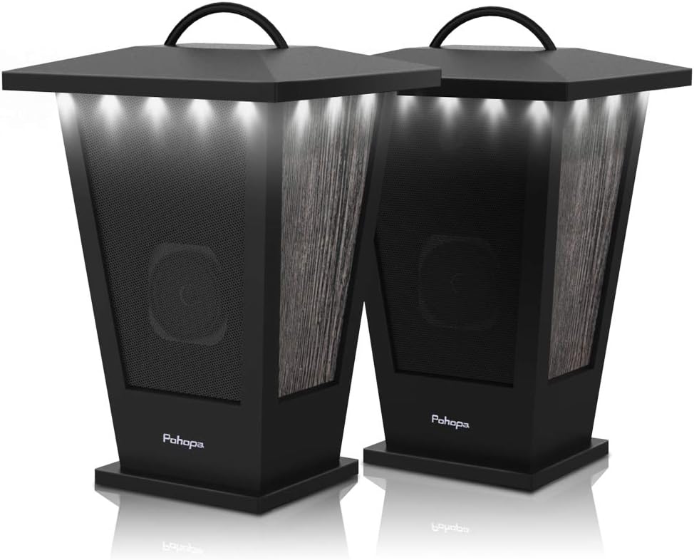 pohopa Bluetooth Speakers Waterproof, 2 Packs True Wireless Stereo Sound 20W Dual Pairing Lantern Indoor Outdoor Speakers with 20 Piece LED Lights, Rich Bass, Pinao Black