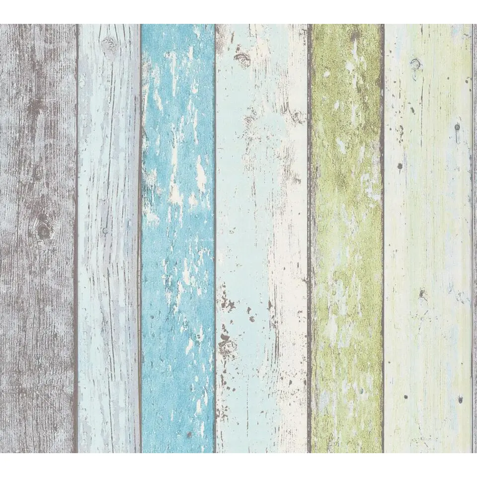 A.S. Cr&eacute;ation behang houtlook blauw, groen en wit - 53 cm x 10.05 m