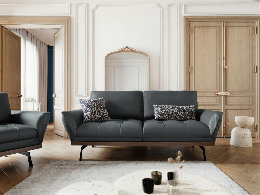 OLIVIER - Canapé 3 places en cuir bleu gris