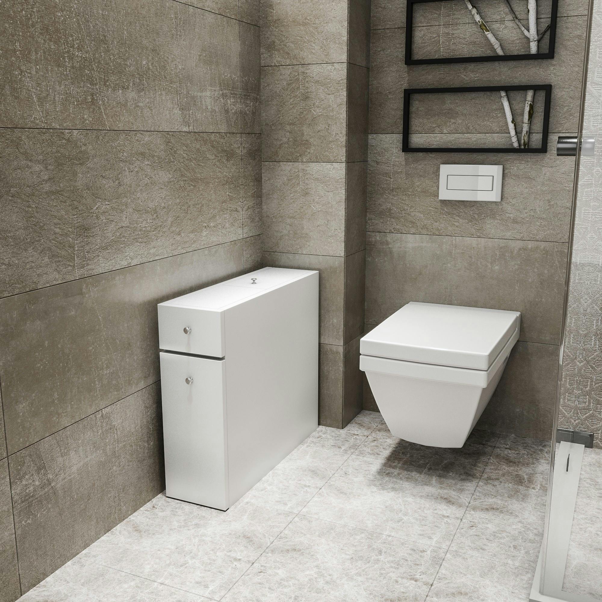 Meuble WC blanc, 2 tiroirs rangement 1 porte MARFA