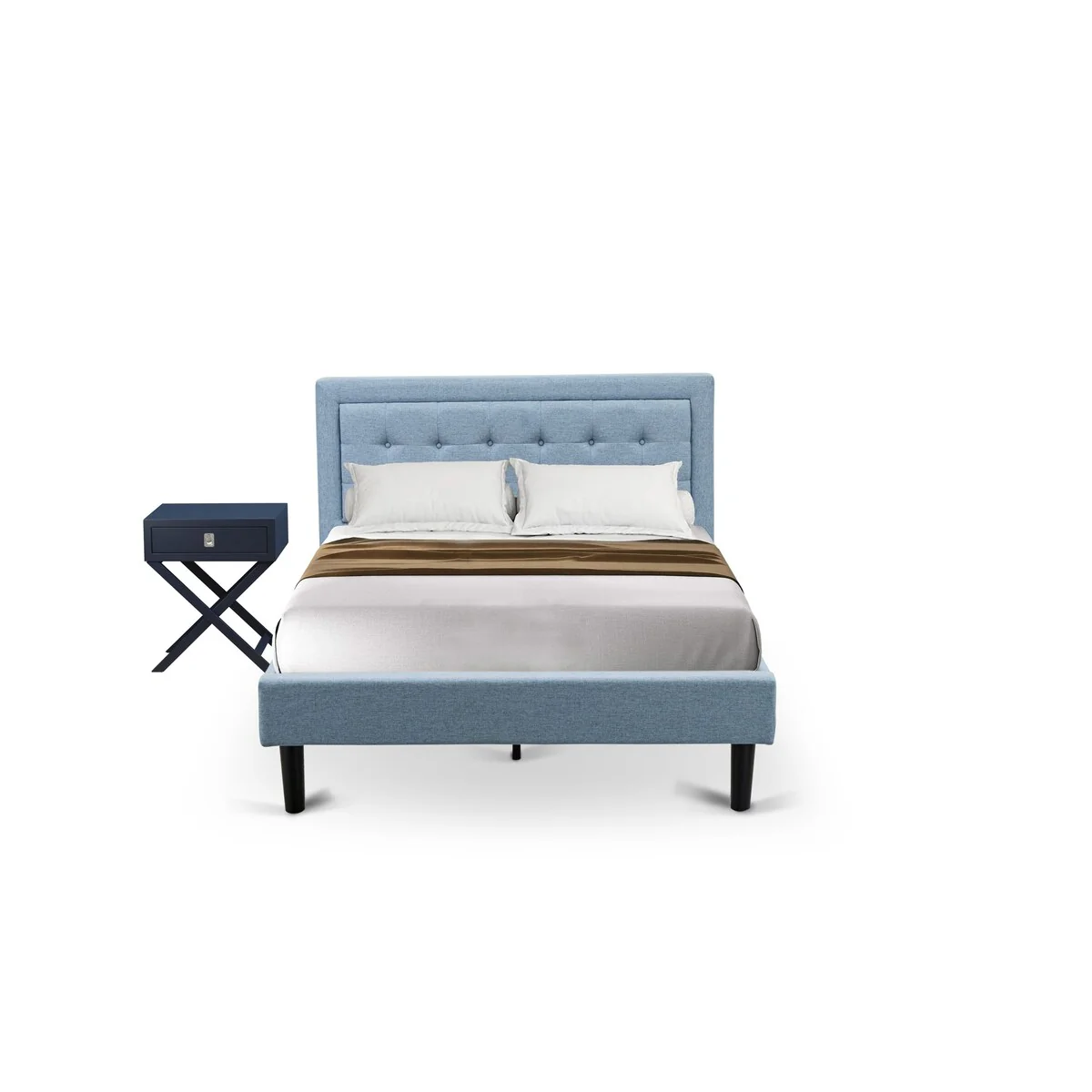 East West Furniture 2-Pc Full Size Bedroom Set with 1 Wood Bed Frame and a Modern Nightstand - Denim Blue Linen Fabric