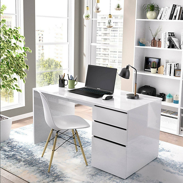 Dmora bureau droit - 60 x 139 cm. haut de 75 cm. en melamine avec 2 tiroir - blanc