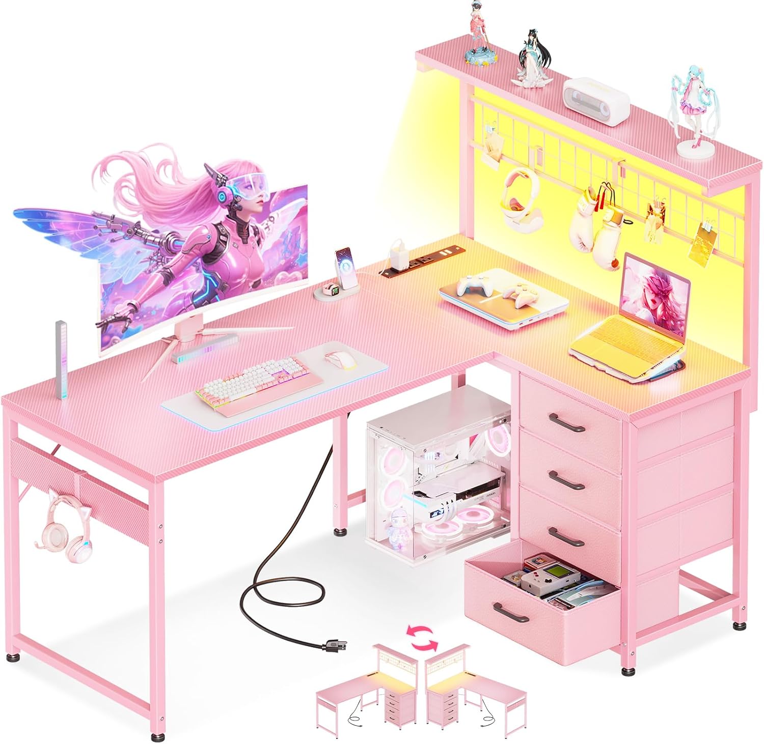 MOTPK L Shaped Gaming Desk with Drawers & LED Light & Power Outlet, 43 Reversible Computer Table with Shelves & Hooks for Home Office, Carbon Fiber Pink