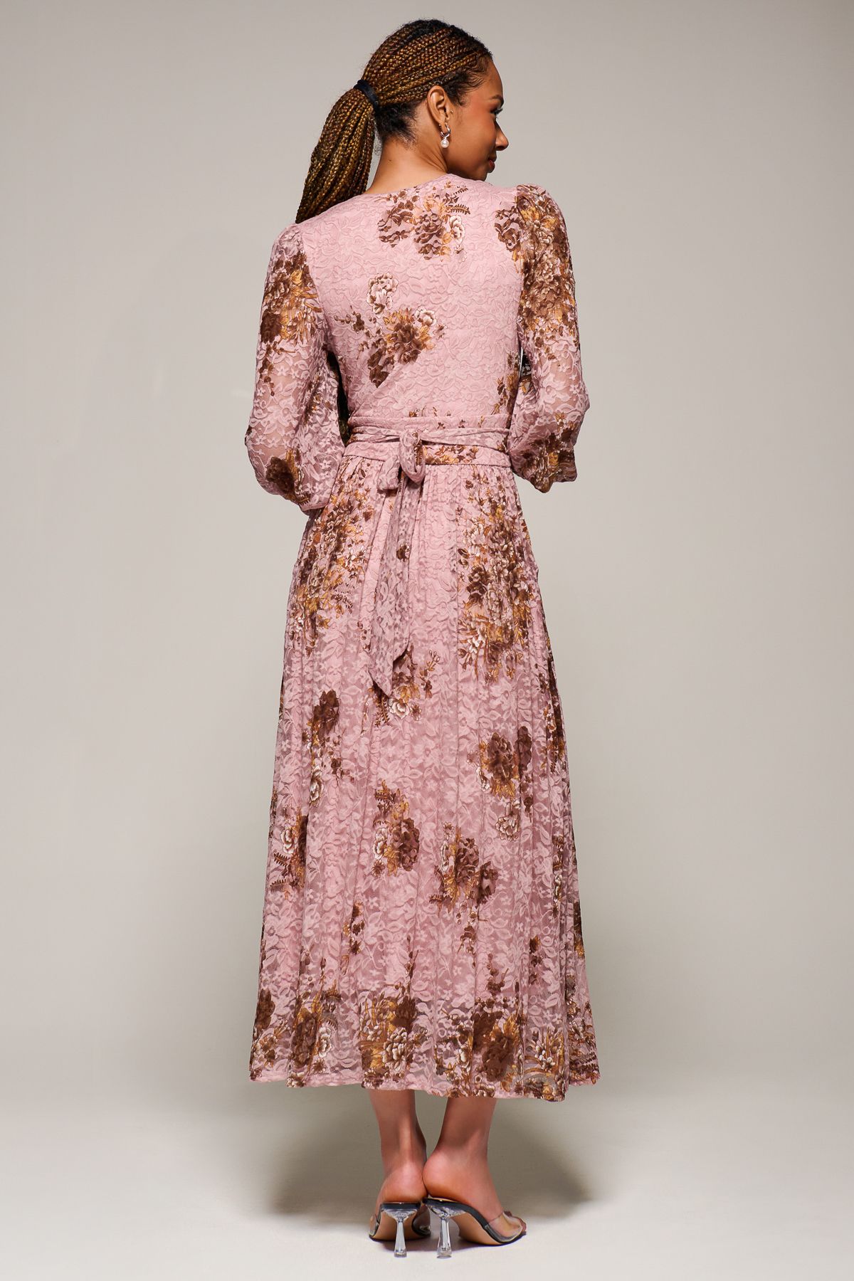 Jolie Moi Long Sleeve Printed Lace Midaxi Dress