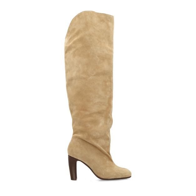 Beige suède hoge laarzen met hak