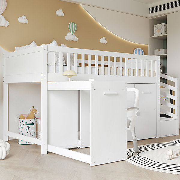 Lit superposé multifonction 90x200 cm blanc pour enfants, avec barrières sécurité, bureau, armoire et 2 casiers, Pin/MDF