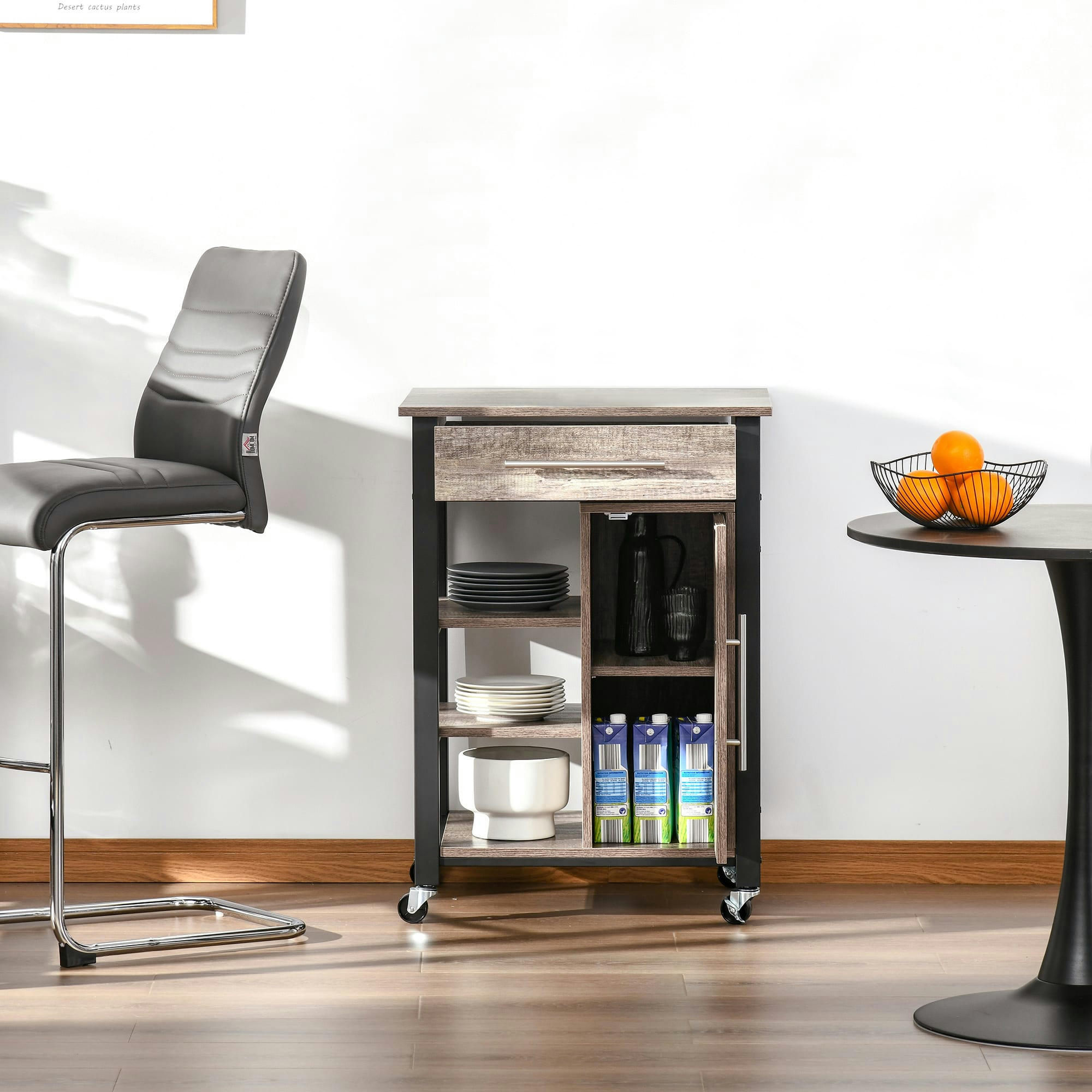 - Desserte de cuisine à roulettes avec tiroir métal noir aspect bois