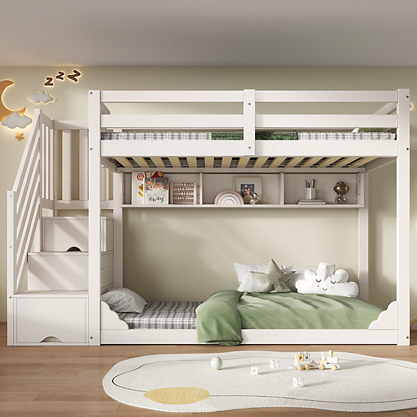 Lit superposé pour enfant 90x200 cm, lit enfant, armoire d'escalier, barrières de sécurité et compartiments de rangement