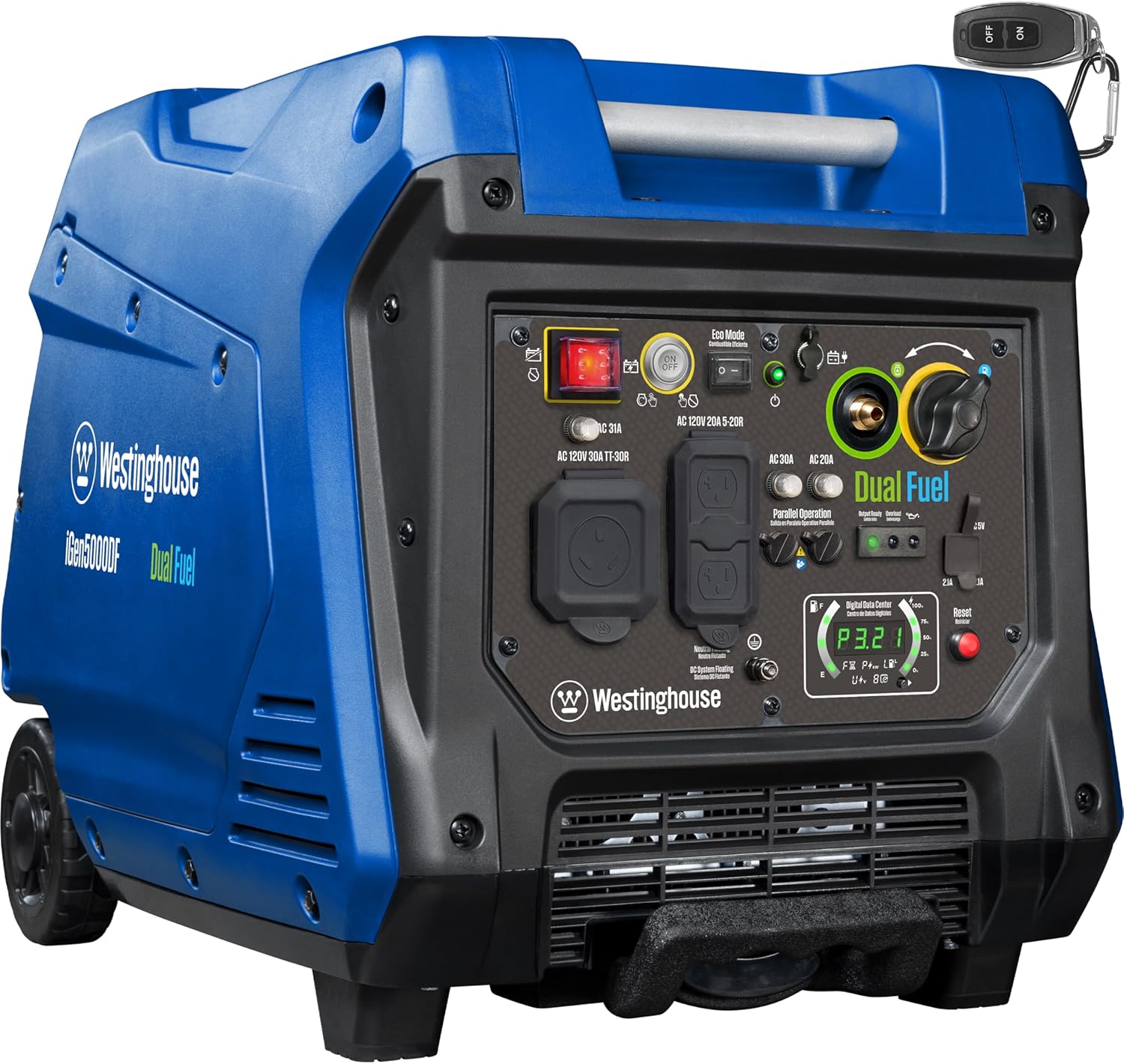 Westinghouse 5000 Peak Watt Super Quiet Dual Fuel Portable Inverter Generator  Remote Electric Start  Gas & Propane Powered  RV Ready 30A Outlet  Parallel Capable  Blue/Black