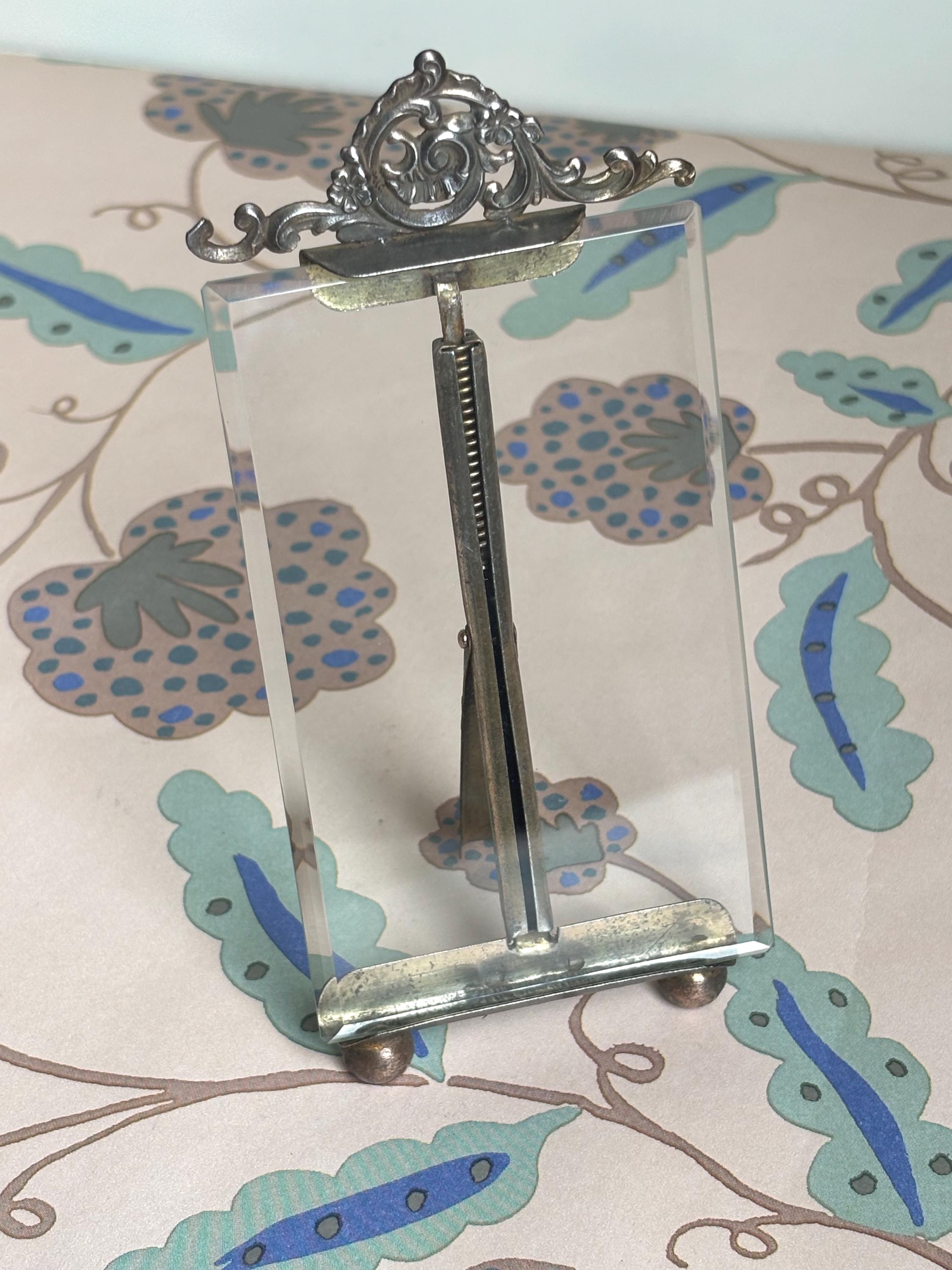 Small Vintage French Photo Frame, Ornate Metal Crest, Clear Glass, Tabletop Display Picture Frame, Bevelled Glass, French Country Cottage