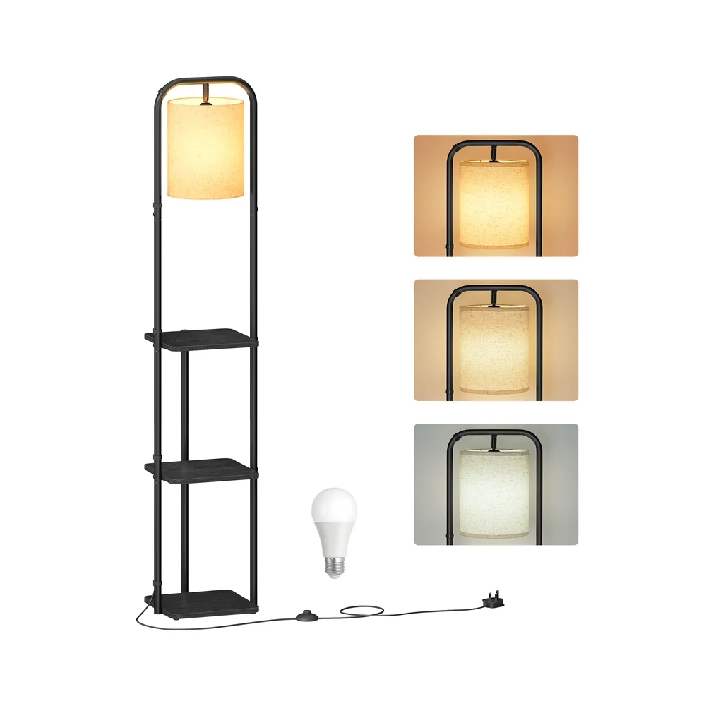 Lampadaire sur pied avec étagères et abat jour en tissu