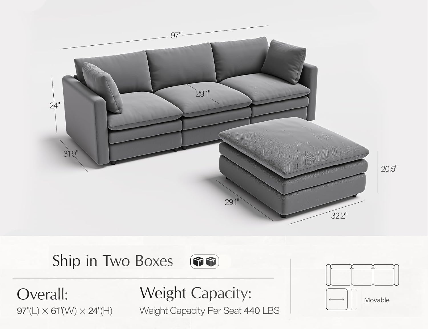 Cloud Couches for Living Room L Shaped Sectional Couch with Ottoman Deep Plush 4 Seats Sofa Modern Sofa for Apartment