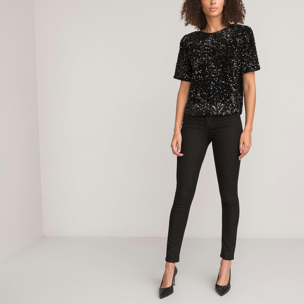 Blouse col rond à sequins, manches courtes