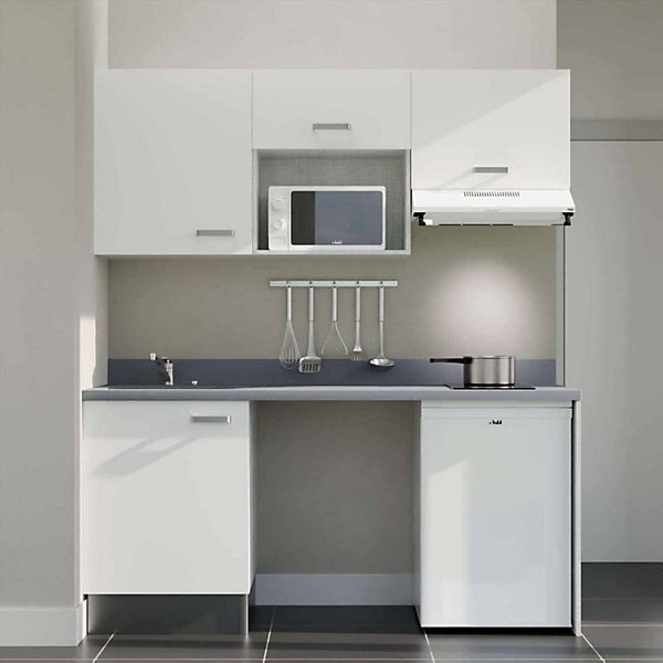 Kitchenette K55 - 180 cm - façades Blanc - Plan monobloc en quartz coloris Cromo évier à gauche - Electroménager Blanc