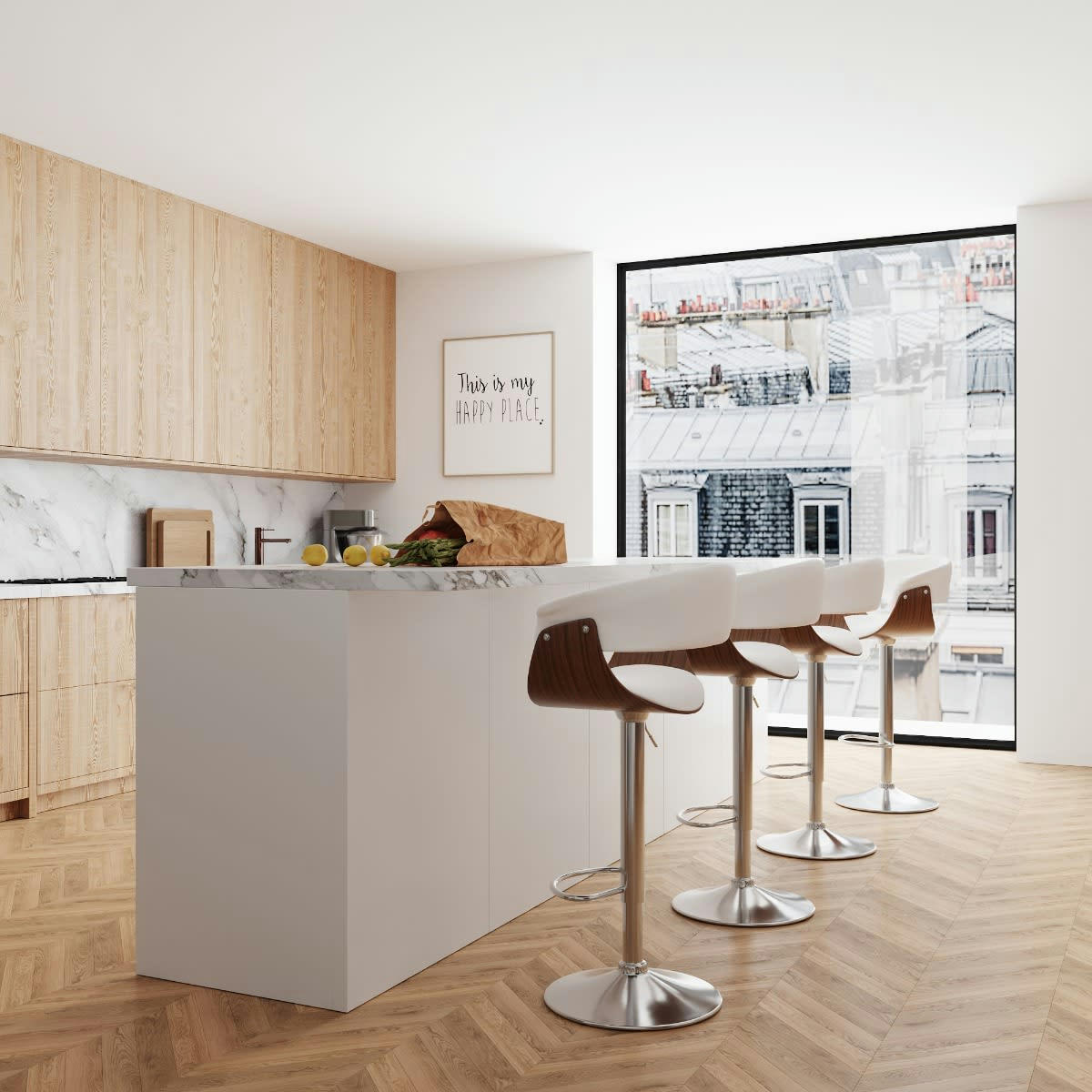 BASILE - Chaise de bar réglable 59/81 cm en cuir synthétique blanc