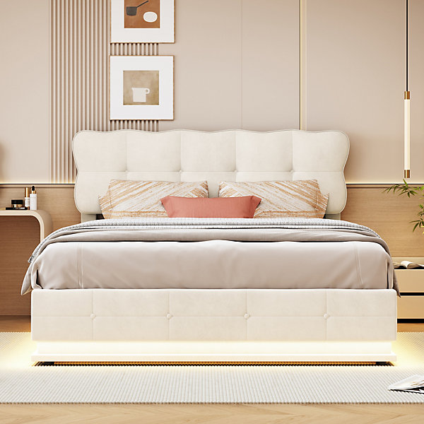 Lit Coffre 160x200 avec éclairage LED, Lit capitonné avec Sommier à Lattes, Velours, Beige
