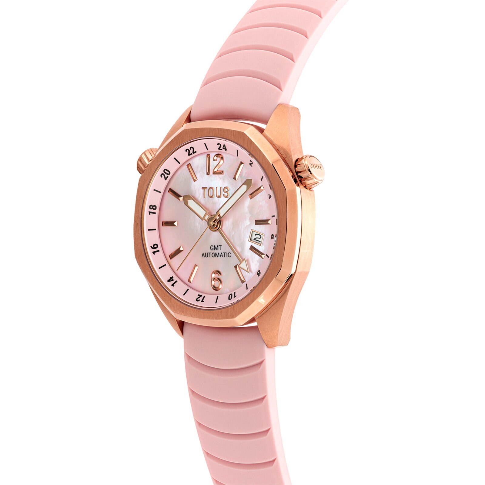 Reloj gmt automático con correa de silicona rosa, caja de acero IPRG rosa y esfera de nácar TOUS Now